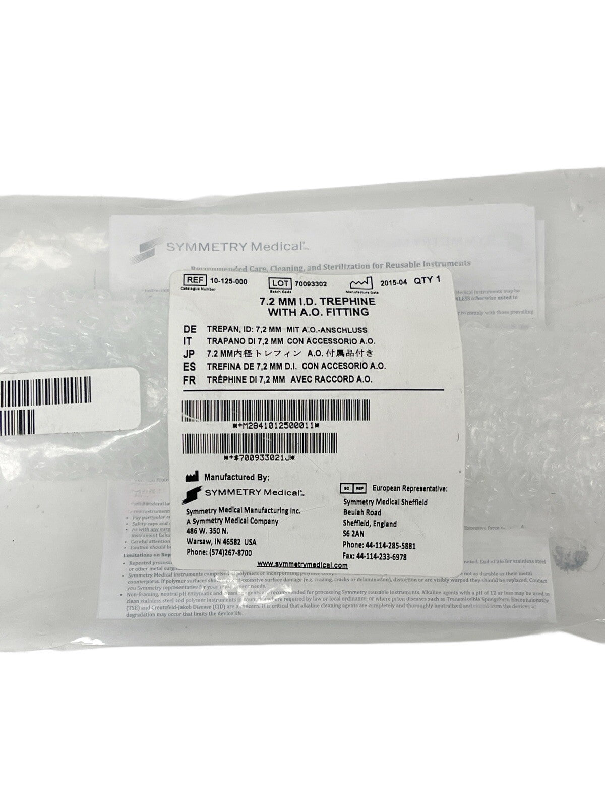 Symmetry Surgical 10-125-000  7.2 mm Trephine WITH A.O. FITTING