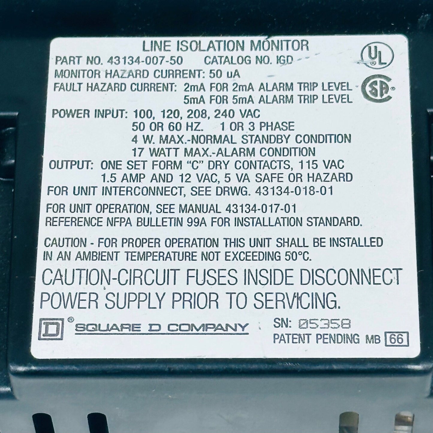 Square D 43134-007-50 Line Isolation Monitor ISO-Gard Series D