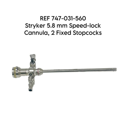 Stryker REF 747-031-560 5.8 mm Speed-lock Cannula, 2 Fixed Stopcocks