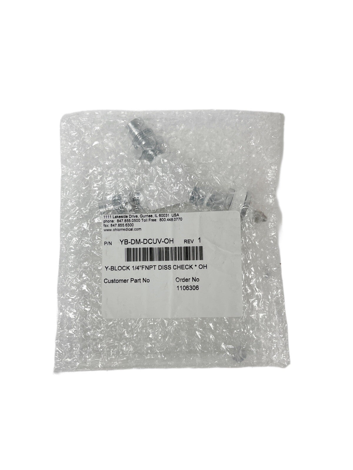 Ohio Medical REF YB-DM-DCUV-OH VACUUM DISS HAND TIGHT INLET Y-BLOCK