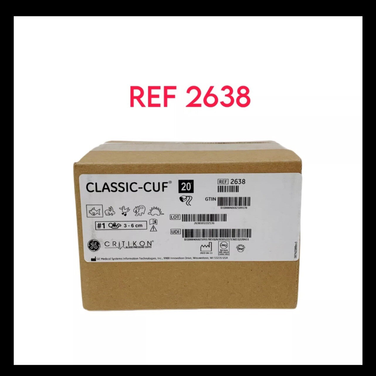 GE Critikon REF 2638, CLASSIC-CUF, 3 - 6 cm, box of 20