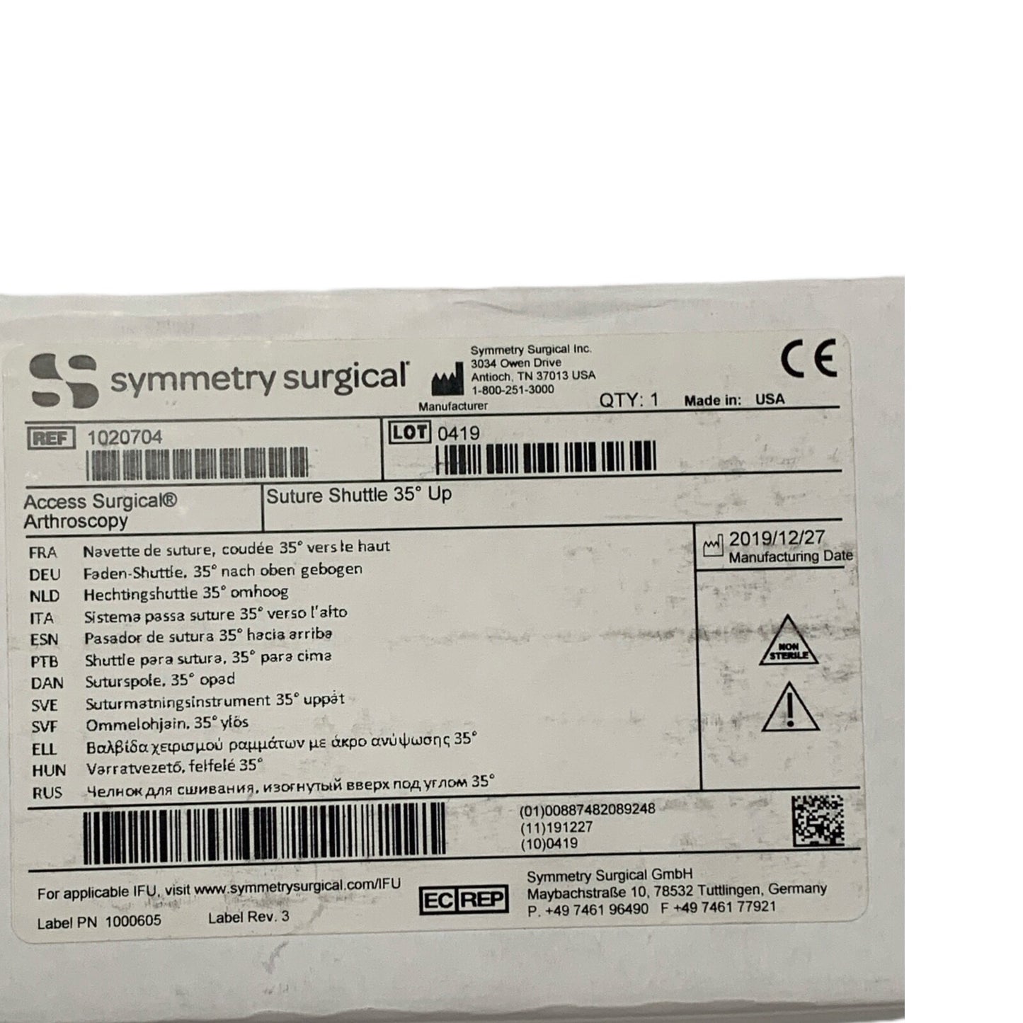Symmetry Access Surgical Ref 1020704 Arthroscopic Suture Shuttle Passer 35° Up