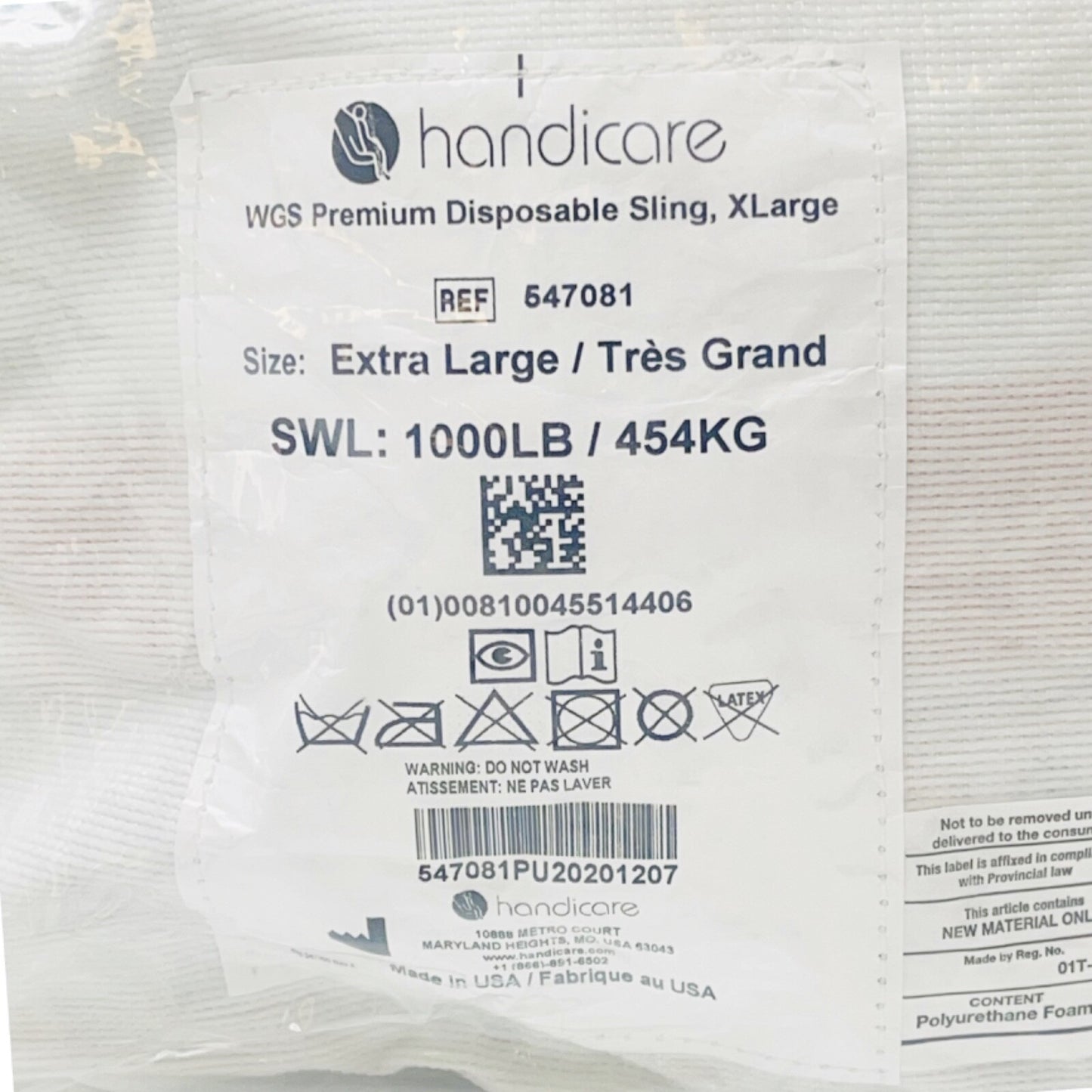 HANDICARE REF 547081 WGS Premium Disposable Sling, X Large, SWL: 1000LB / 454KG