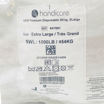 HANDICARE REF 547081 WGS Premium Disposable Sling, X Large, SWL: 1000LB / 454KG