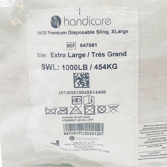 HANDICARE REF 547081 WGS Premium Disposable Sling, X Large, SWL: 1000LB / 454KG