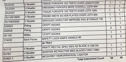 V. Mueller / Pilling  59 Pieces Rectal Instrument Tray w/ Sterilization Case