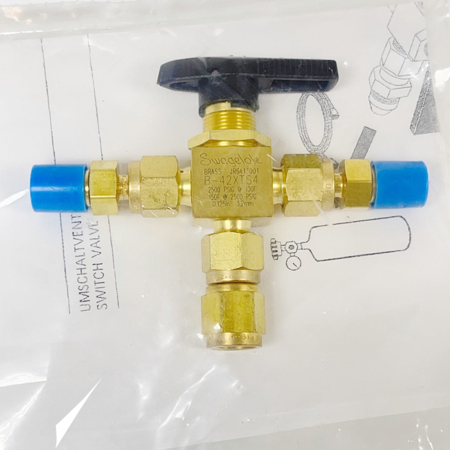 SWAGELOKE B-42XTS4 JR6413001 BRASS Way Ball Valve FOR Tube Fitting, 0.125in 3.2m