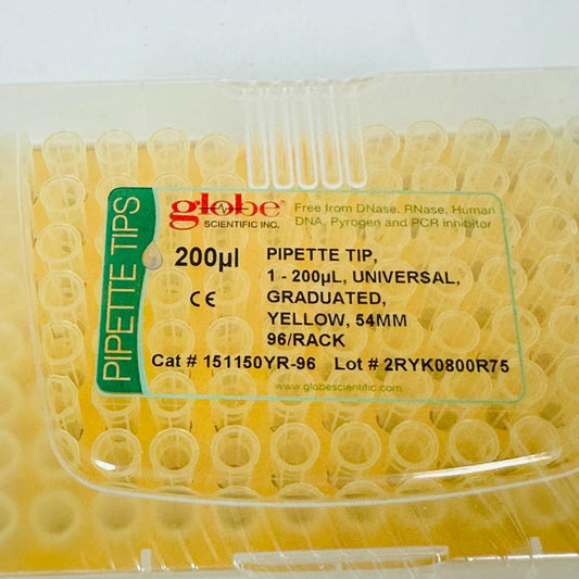 Globe Scientific 151150YR-96 Pipette Tip 1 - 200Ul,Graduated, 54mm 96/Rack