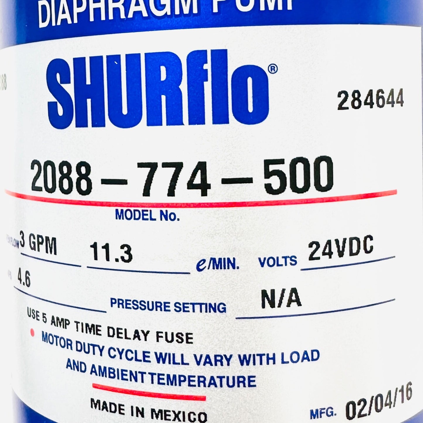Shurflo 2088-774-500 Diaphragm Pump - 24 VDC As Is