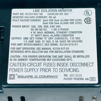 Square D 43134-007-50 Line Isolation Monitor ISO-Gard Series D